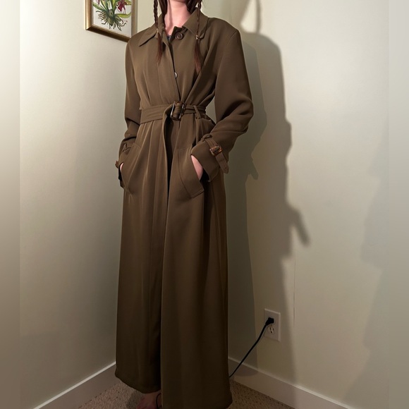 VINTAGE Olive Green Belted Trench Coat | Size XS - Picture 2 of 3